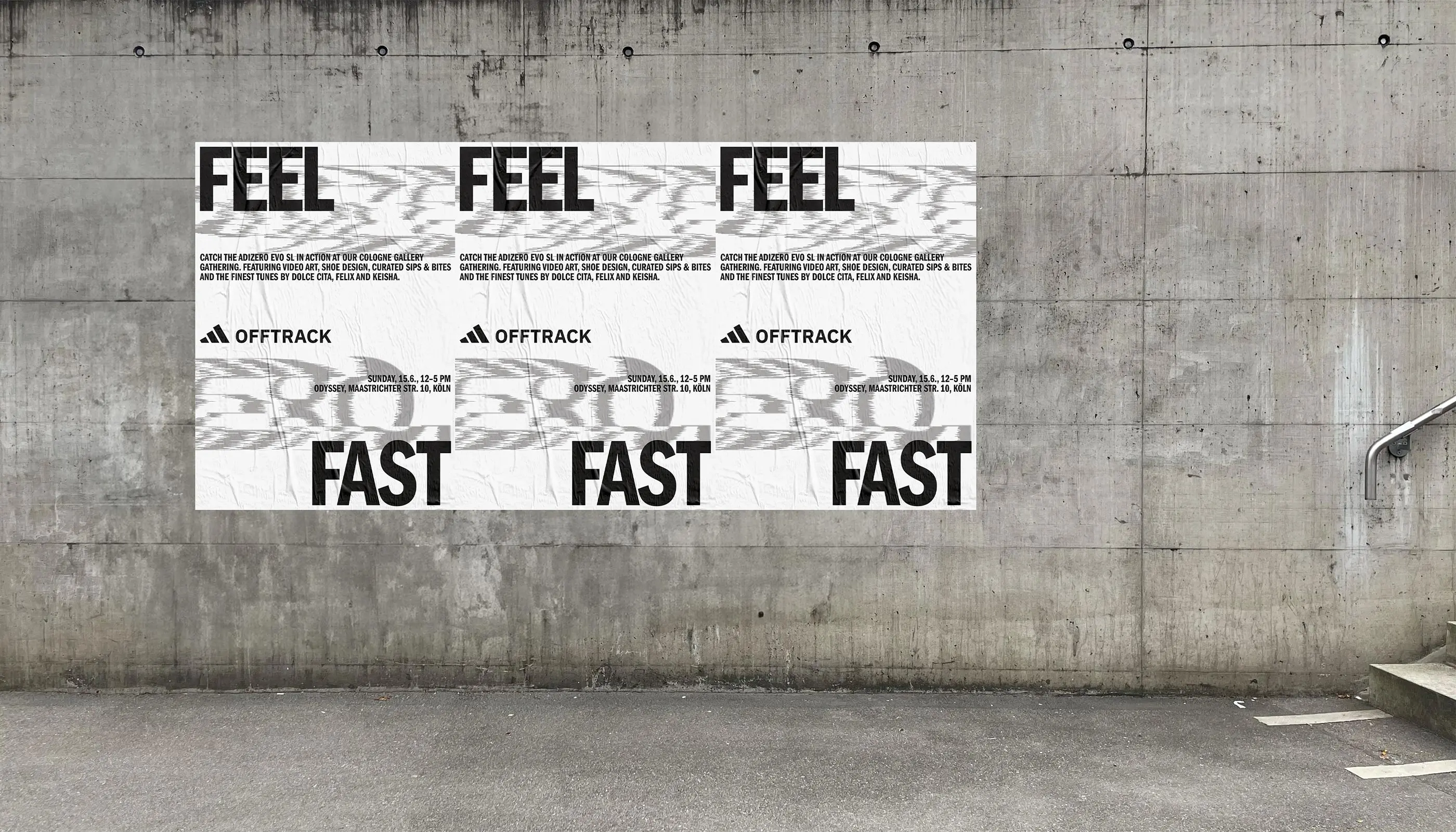 Concrete wall with three identical black and white posters advertising the Adizero Evo SL event by Offtrack, featuring event details and bold text 'FEEL FAST'.