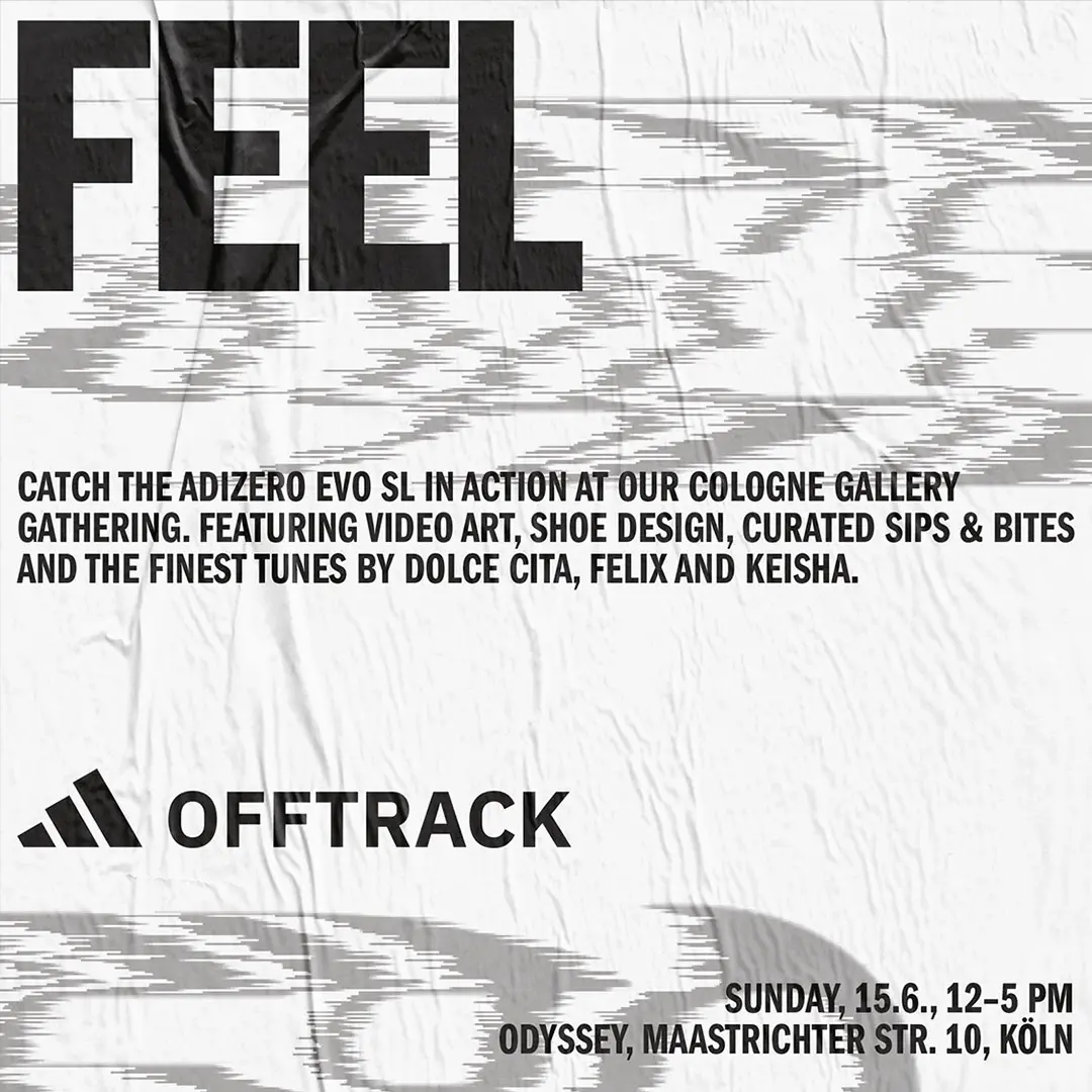 Poster announcing an Adidas Offtrack event featuring the Adizero Evo SL shoe, video art, shoe design, curated drinks and bites, live music by Dolce Cita, Felix, and Keisha, happening Sunday 15.6. from 12-5 PM at Odyssey, Maastrichter Str. 10, Köln.