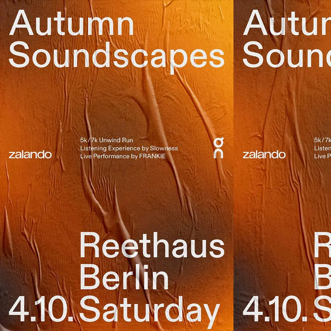 Poster with orange textured background featuring event titled 'Autumn Soundscapes' at Reethaus Berlin on Saturday, October 4, with details about a 5k/7k Unwind Run, a listening experience by Slowness, and a live performance by FRANKIE.
