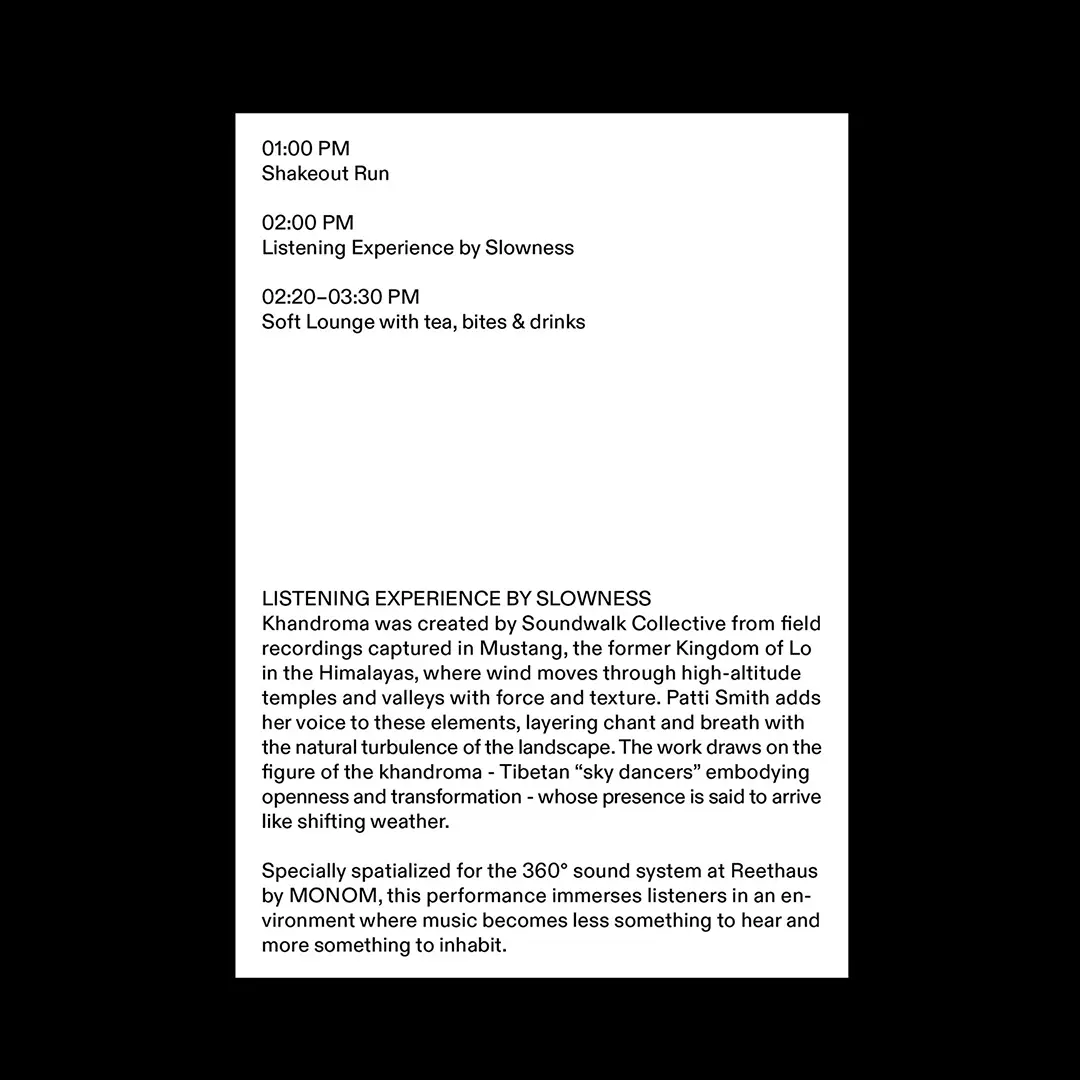 Schedule listing events at 1 PM Shakeout Run, 2 PM Listening Experience by Slowness, and 2:20-3:30 PM Soft Lounge with tea, bites, and drinks, followed by a detailed description of the Listening Experience by Slowness performance involving 360° sound immersion and Tibetan sky dancers.
