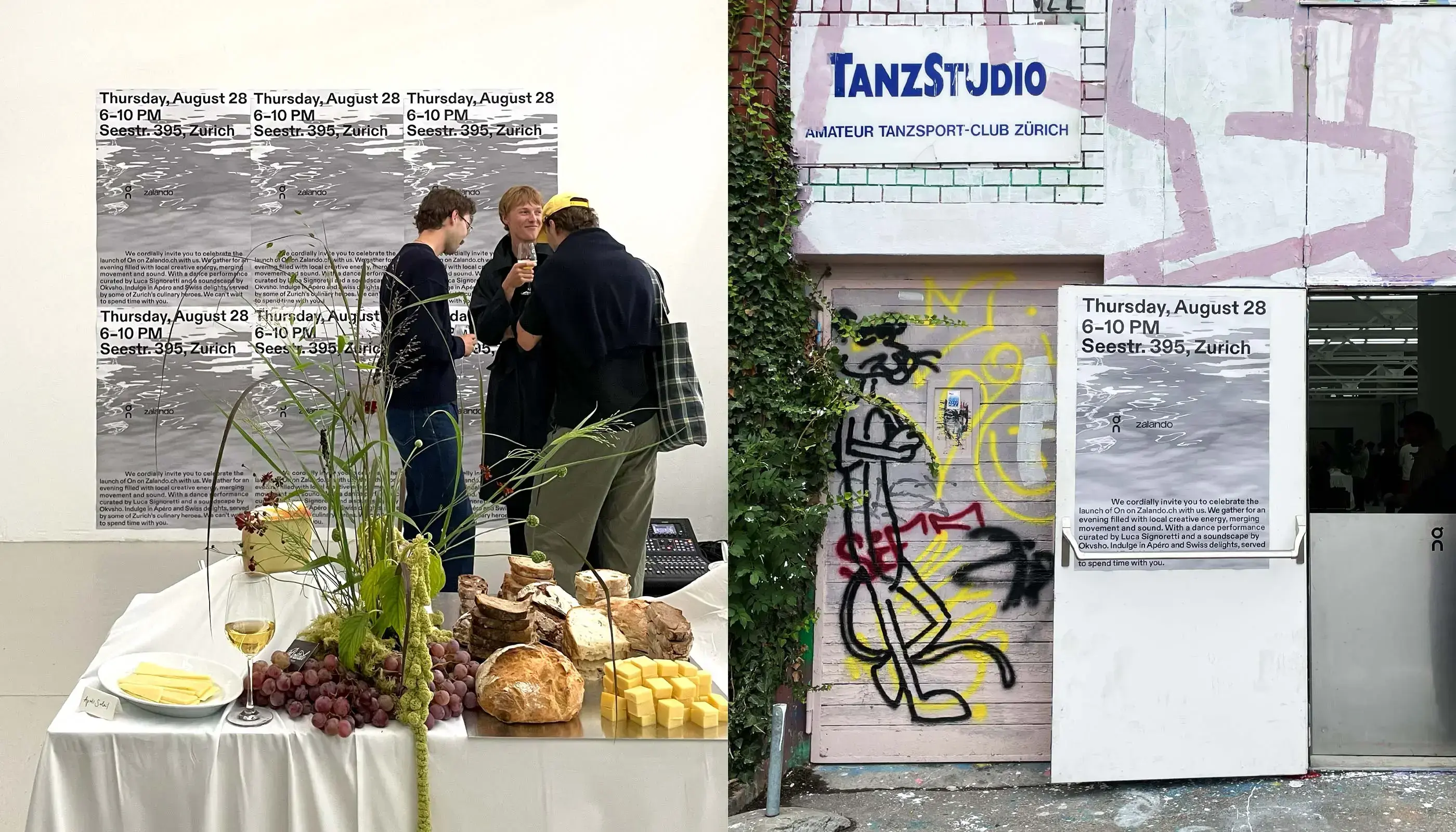 Left: Three people standing and conversing beside a table with assorted bread, cheese, grapes, and a glass of white wine in an art gallery. Right: A building entrance with graffiti on the door, a TanzStudio sign above, and a poster about an event on August 28 at Seestr. 395, Zurich.