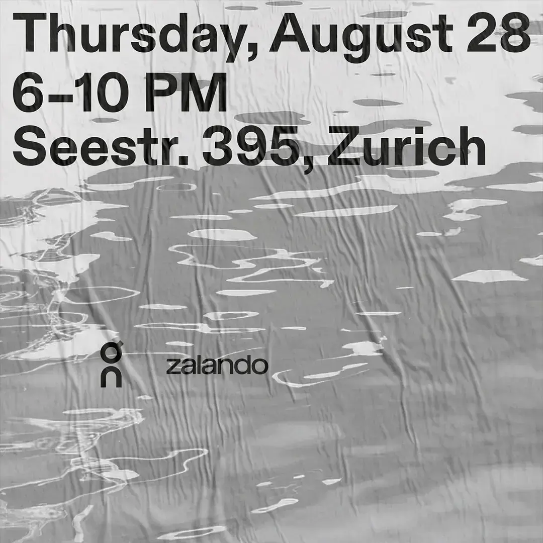 Event details with date Thursday, August 28, 6–10 PM, at Seestr. 395, Zurich, with Zalando logo over water surface background.