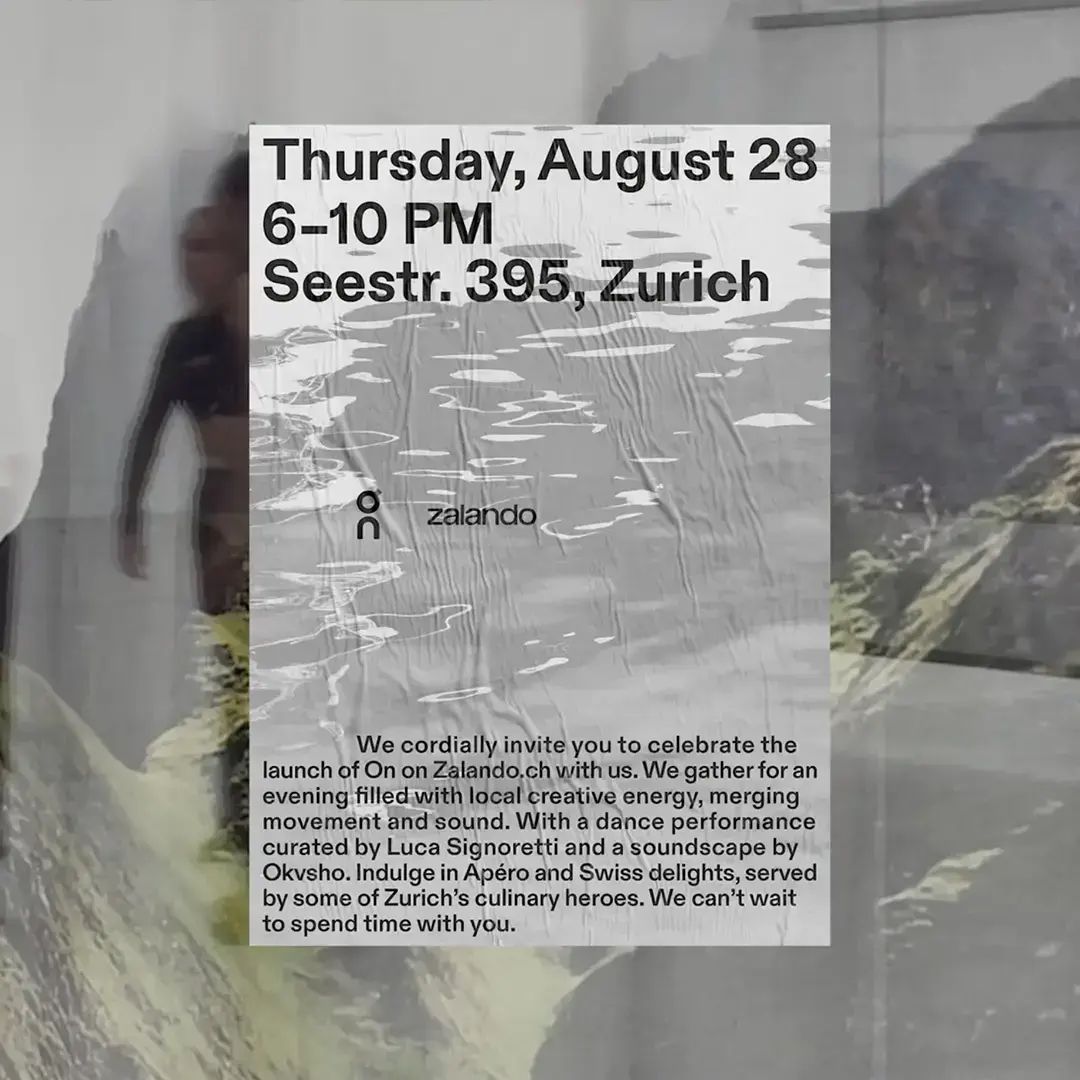 Event invitation for On launch at Seestr. 395, Zurich on Thursday, August 28 from 6-10 PM, featuring a dance performance by Luca Signoretti and soundscape by Okvsho.