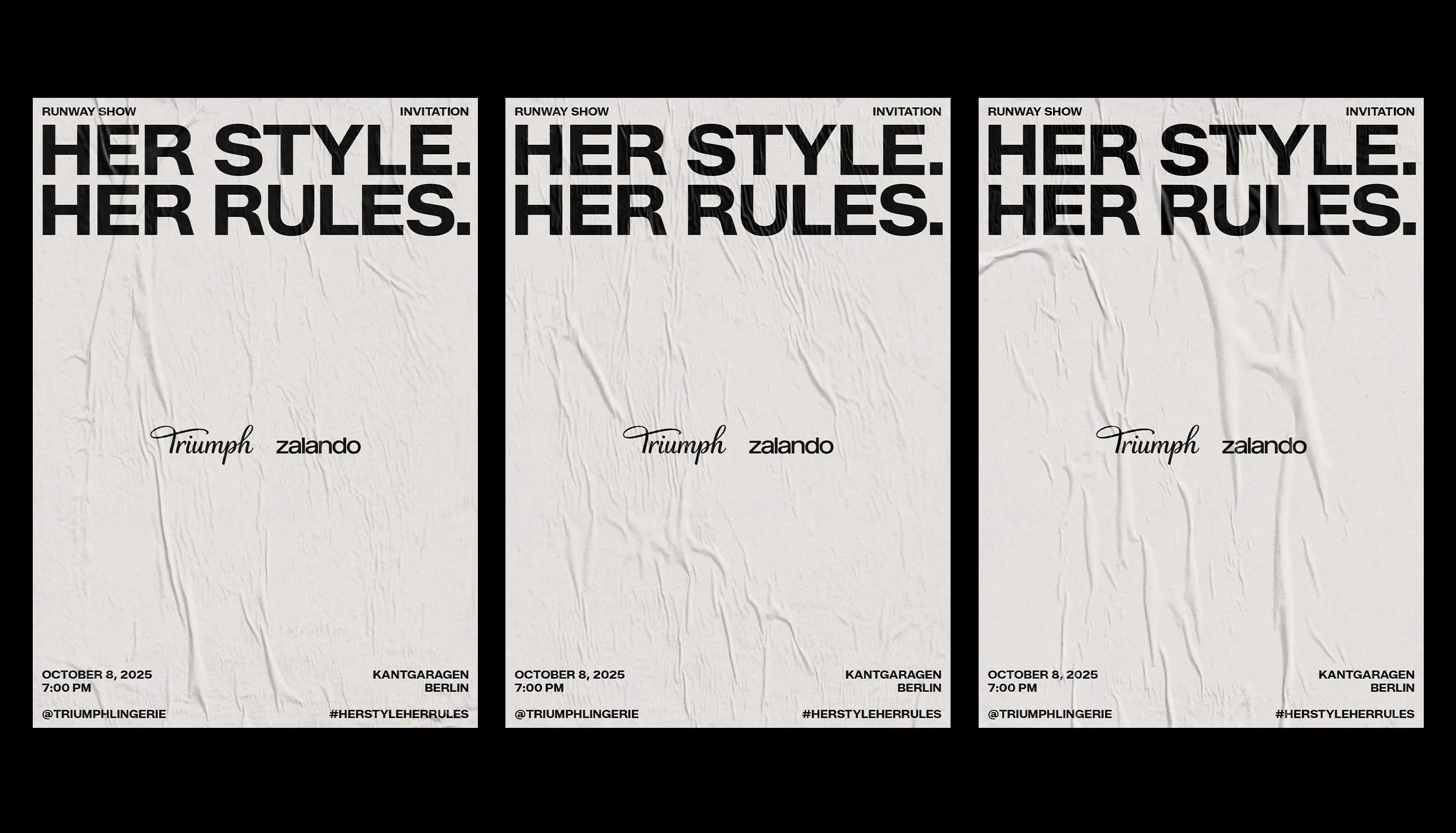 Poster for the runway show 'Her Style. Her Rules.' featuring Triumph and Zalando logos, scheduled for October 8, 2025, at 7:00 PM in Kantgaragen Berlin.